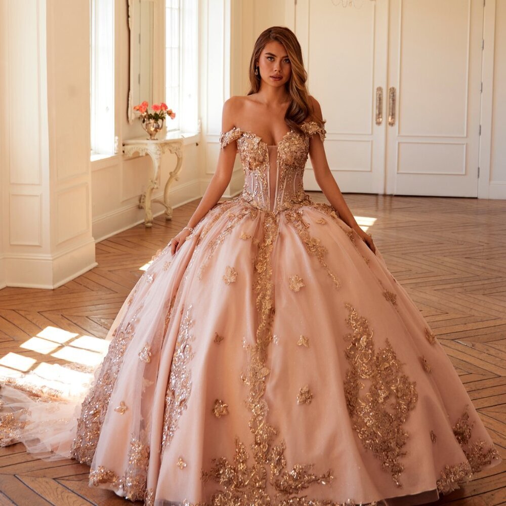 New Ceremonial Long Quinceanera Gown w/ Floral Applique & Long Train JT1485J